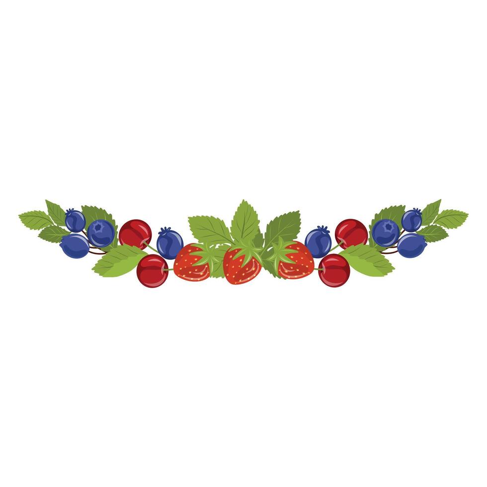 Horizontal Juneberry, Cherry and Strawberry Border, Saskatoon Berry Floral Border , leaves vector