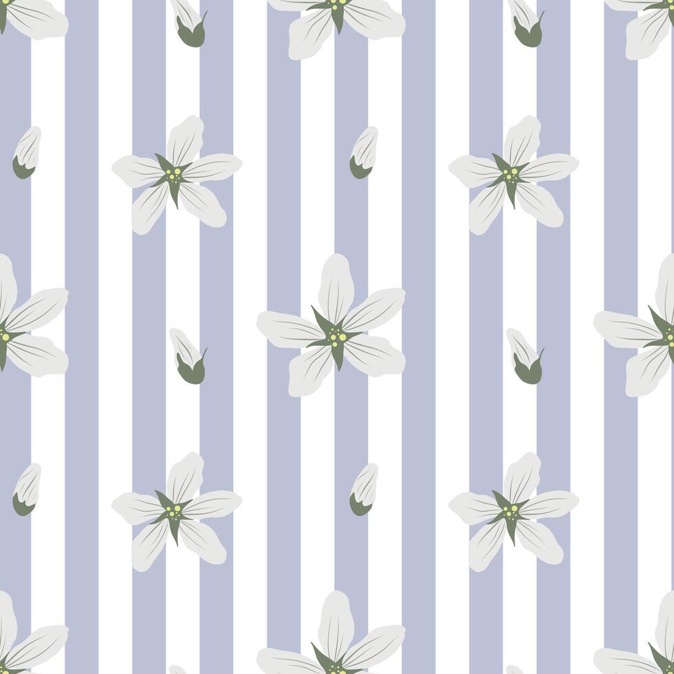 White Floral Stripe Seamless Pattern, Blue Striped Botanical Blossom Repeat, Elegant Floral on Blue Lines vector