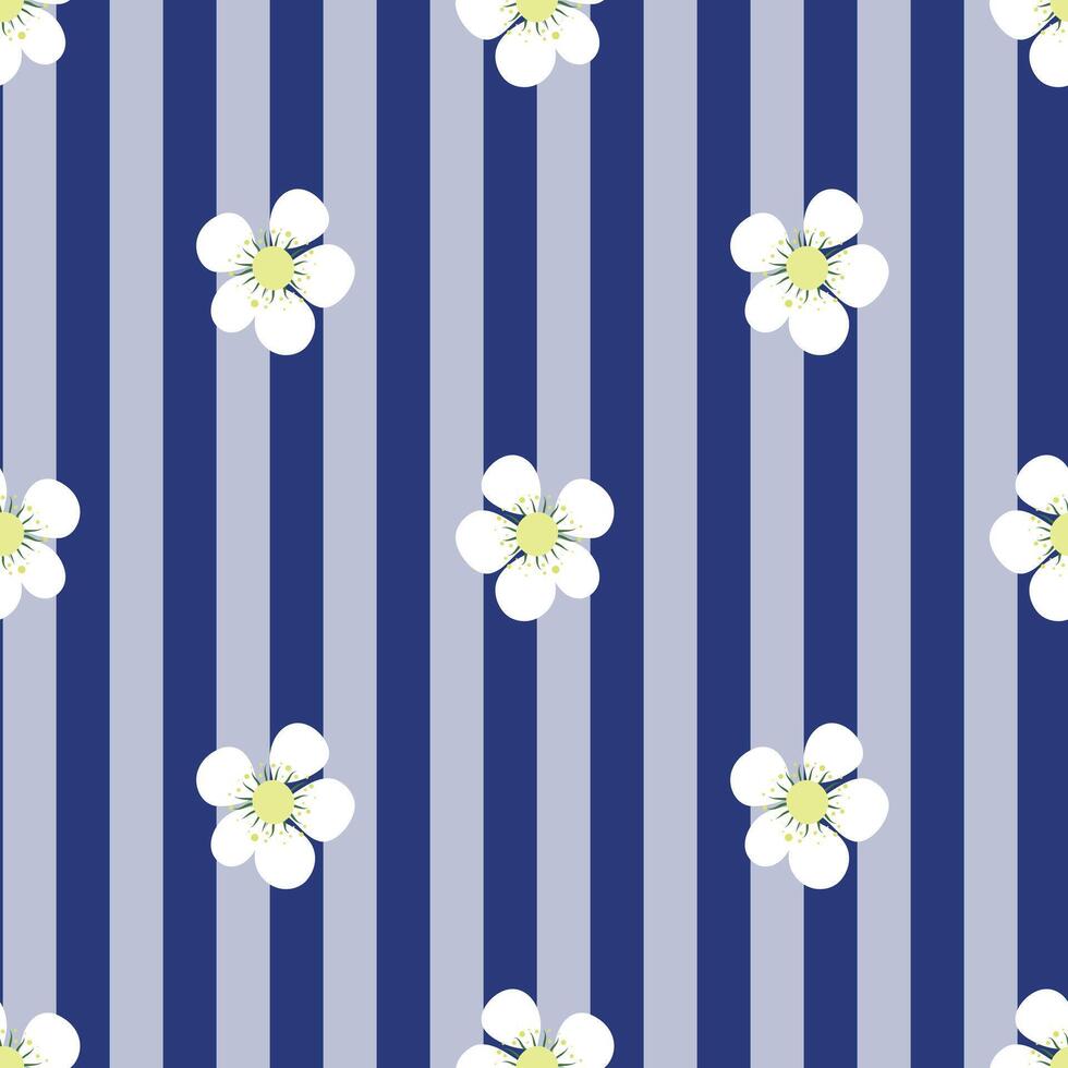 Striped Floral Seamless Pattern, Vintage Blue Stripe with White Flowers, Elegant Flower Repeat for Fabric and Home Decor vector