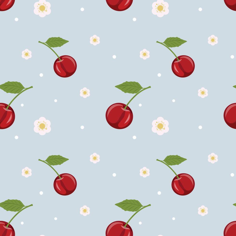 Seamless Cherry Pattern on Blue Background, Cute Red Cherry and Flower Summer Design, Juicy Cherry Repeat Print with Leaves and Blossoms vector