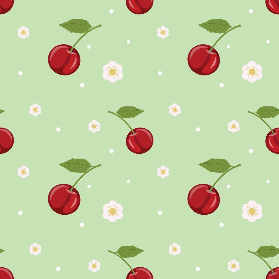 Seamless Cherry Pattern on Green Background, Cute Red Cherry and Flower Summer Design, Juicy Cherry Repeat Print with Leaves and Blossoms vector