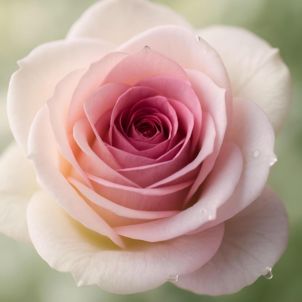 Delicate pink rose in full bloom with dewdrops on petals, macro close-up photo