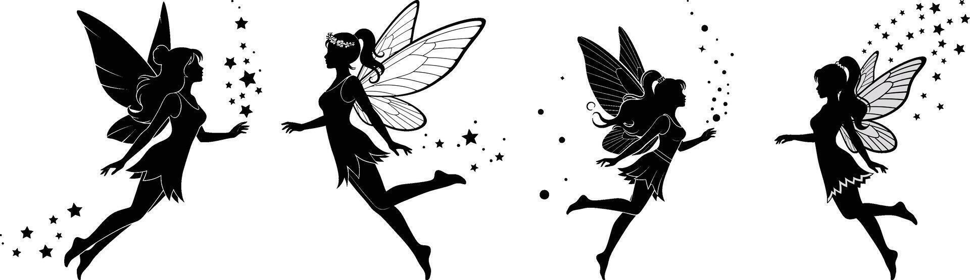 Flying Fairies with Magic Dust Silhouettes - Fantasy Creatures vector