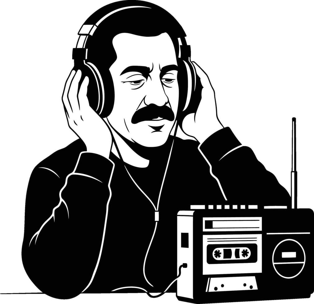 Man Listening to Music with Headphones and Cassette Player - Retro Audio vector