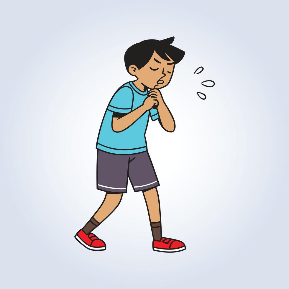 An illustration of a boy coughing, full body art vector