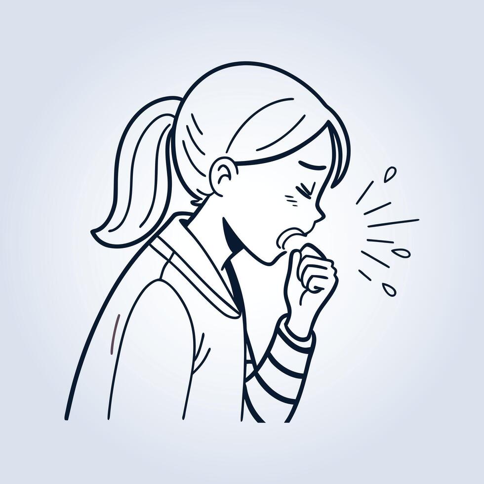 An illustration of a girl coughing, line art vector