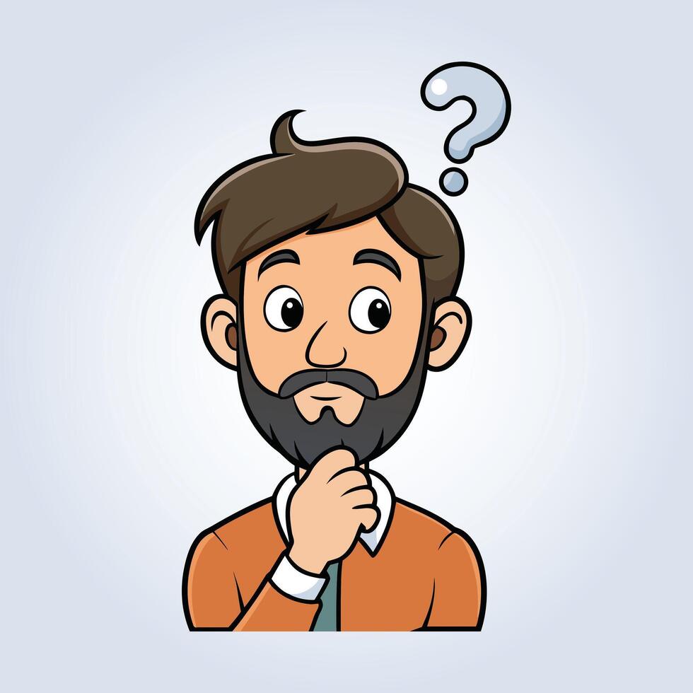 An illustration of a man with a beard with a question mark hand under his chin vector