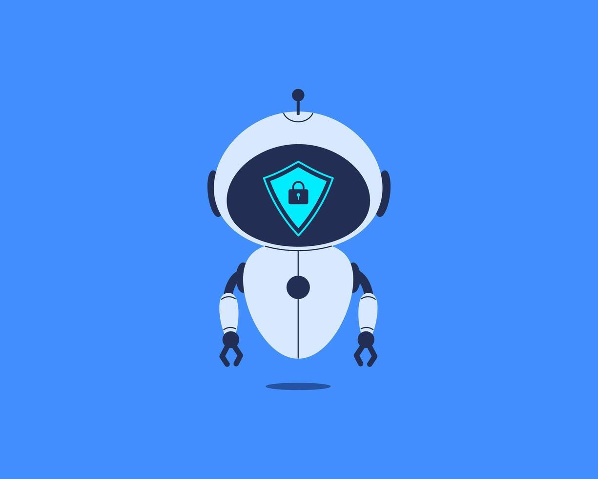 Robot presenting shield with lock icon for data protection. illustration for cybersecurity, online privacy, secure AI systems vector