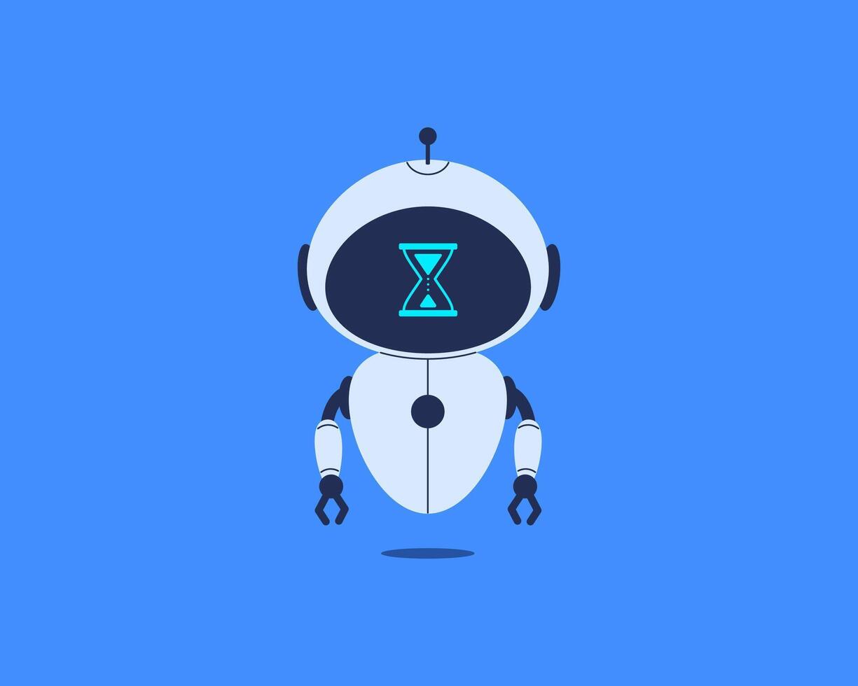 Robot with hourglass symbolizing waiting or loading. illustration for AI process, chatbot delay, system update vector