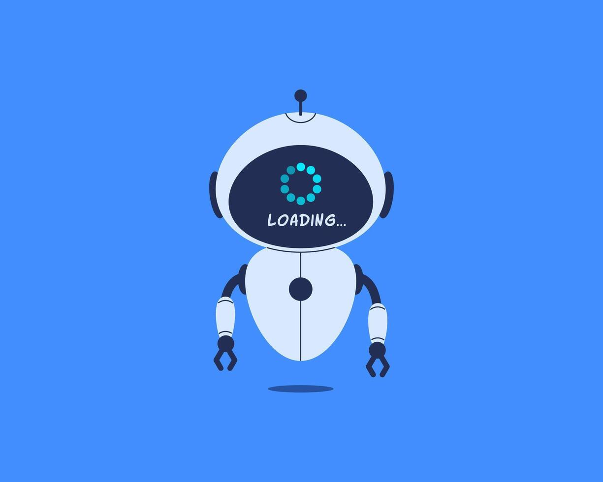Robot with loading bar on screen. illustration for AI system update, chatbot processing, data upload vector