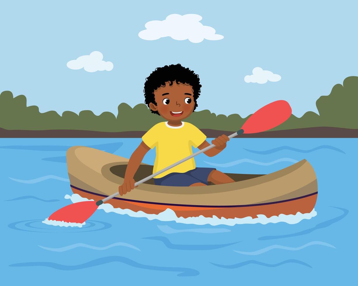 Boy kayaking on a lake vector