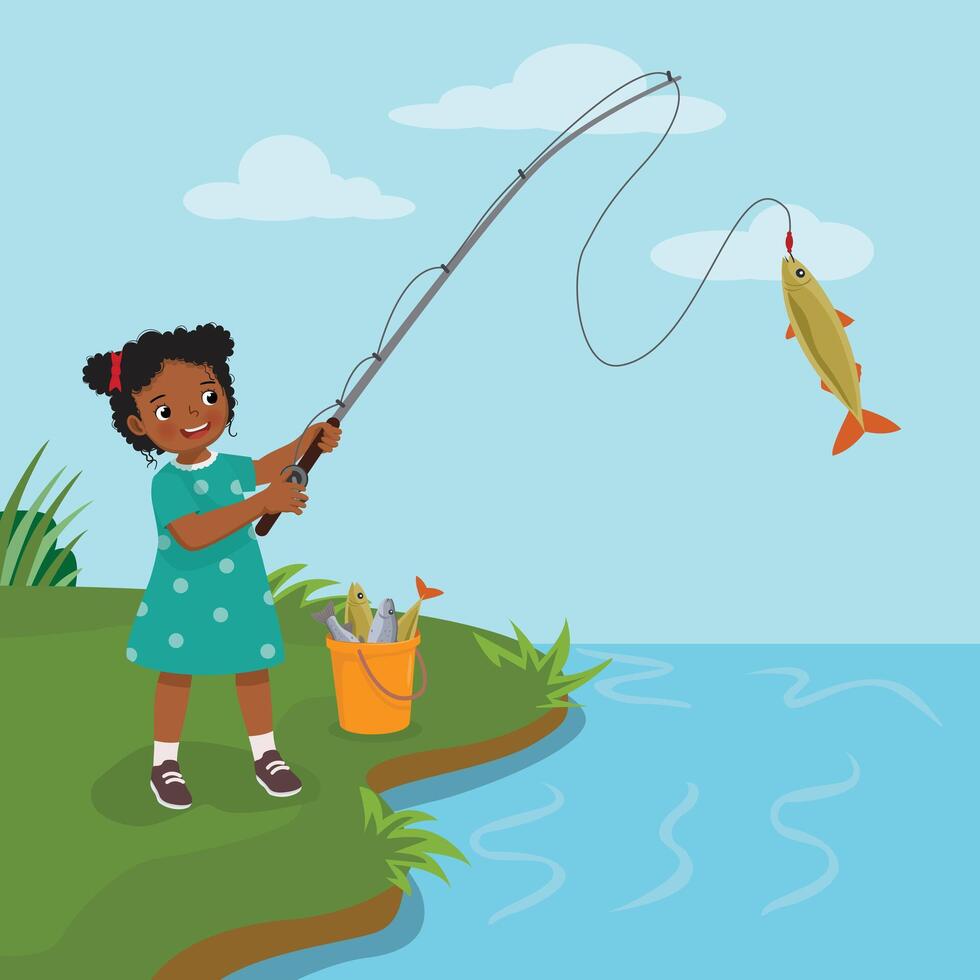 Child fishing by a lake vector