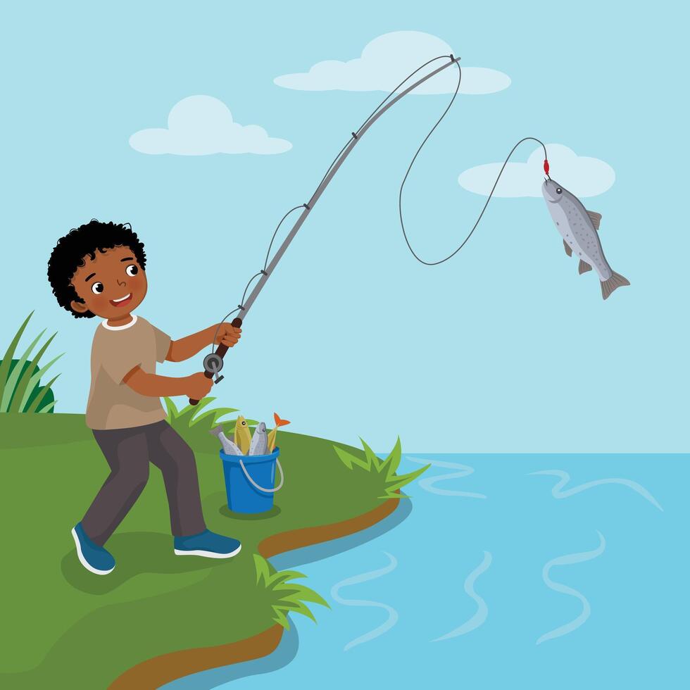 Boy fishing with rod and bucket vector