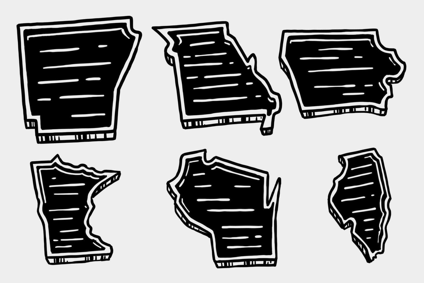 US State Map Collection Illustration Arkansas, Missouri, Iowa, Minnesota, Wisconsin, Illinois vector