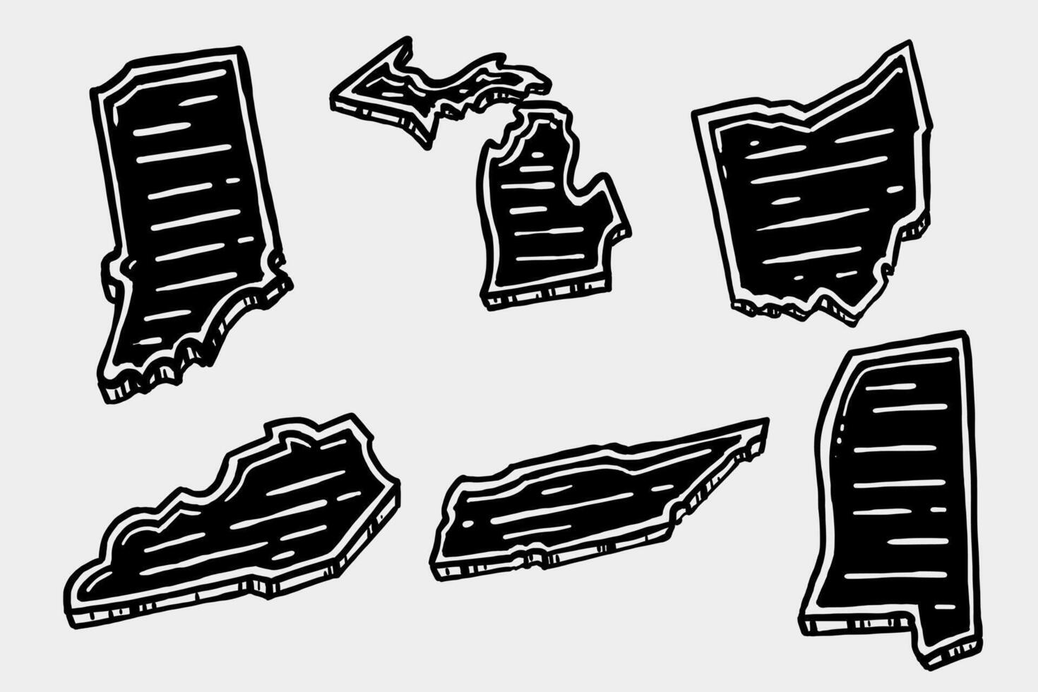 US State Map Collection Illustration Indiana, Michigan, Ohio, Kentucky, Tennessee, Mississippi vector