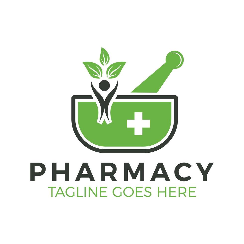 Herbal Pharmacy Logo Template Branding Design with Mortar, Pestle, and Leaf, Symbol for Natural Medicine vector