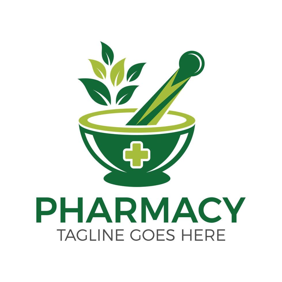 Herbal Pharmacy Logo Template Branding Design with Mortar, Pestle, and Leaf Symbol for Natural Medicine vector