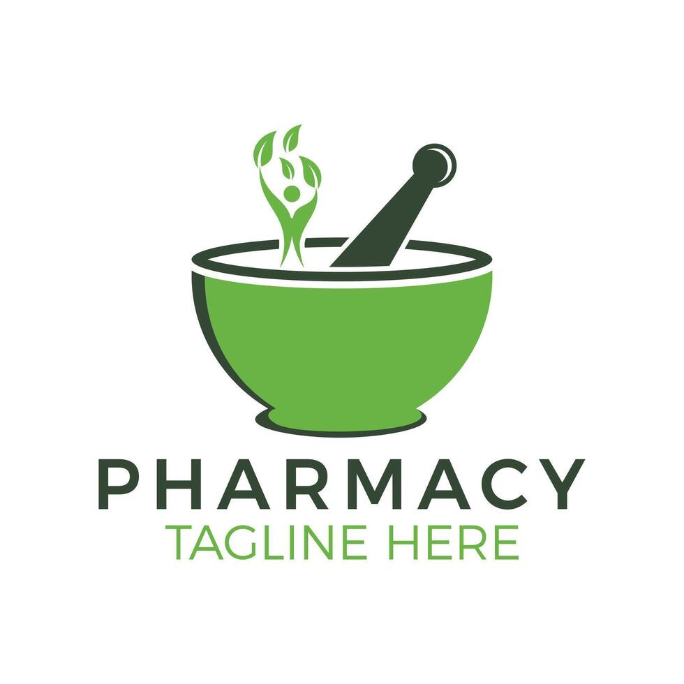 Herbal Pharmacy Logo Template, Branding Design with Mortar, Pestle, and Leaf Symbol for Natural Medicine vector