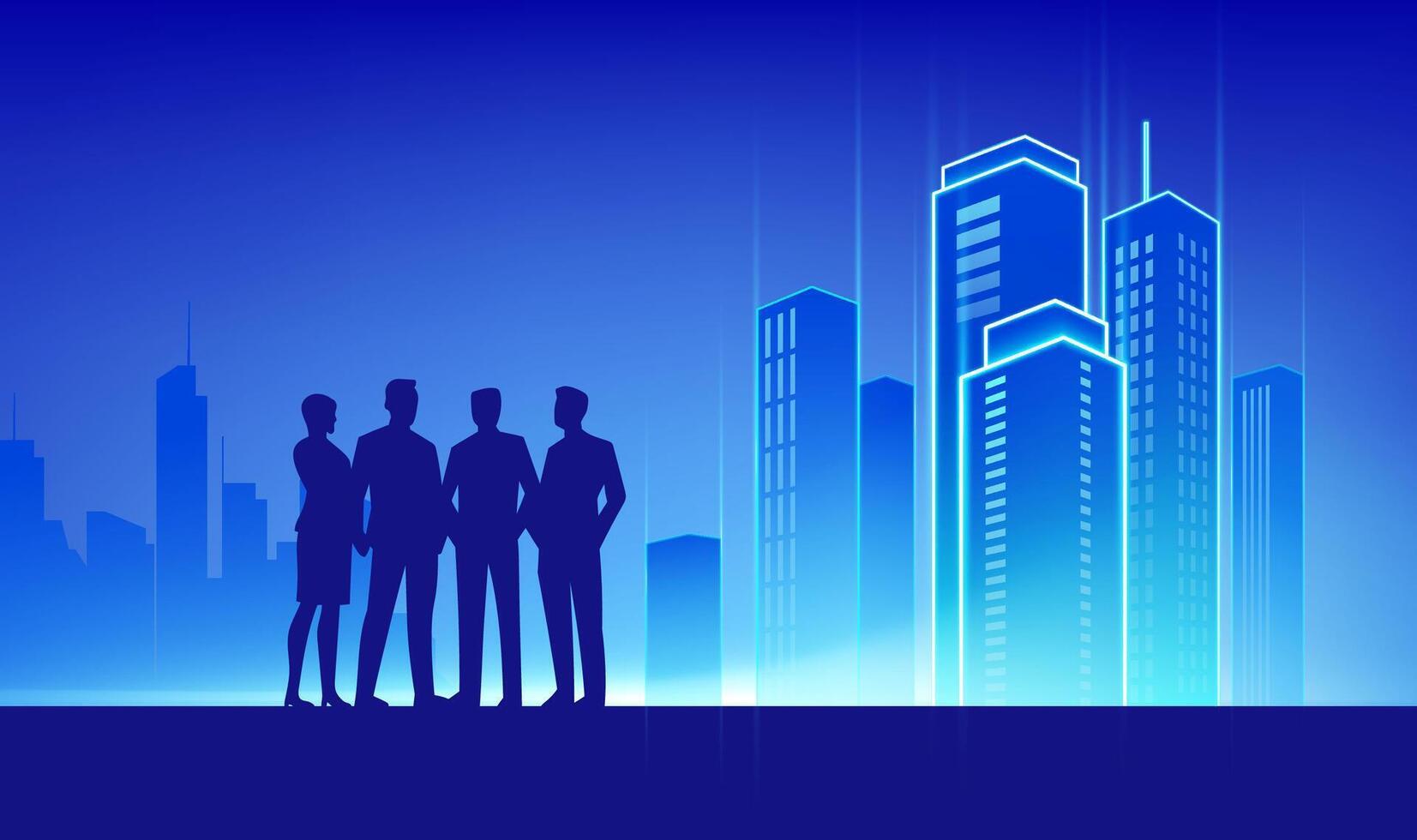 Silhouetted professionals with city skyline vector