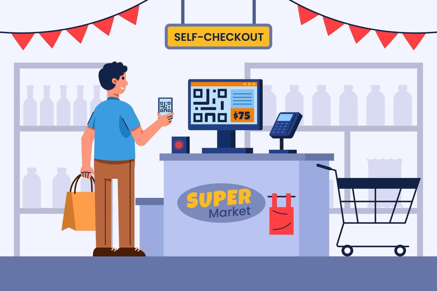 Self-checkout station in a supermarket vector