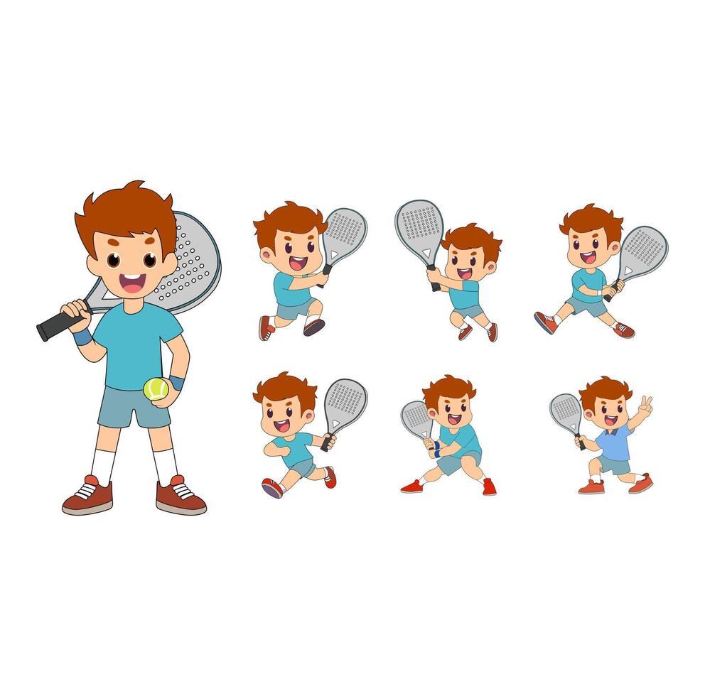 Cartoon Set Collection Move Kids Playing Paddle Simple Design Icon Digital vector