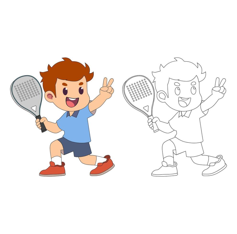Cartoon Coloring Art Kids Pose After Winning Paddle Simple Design Icon Digital vector