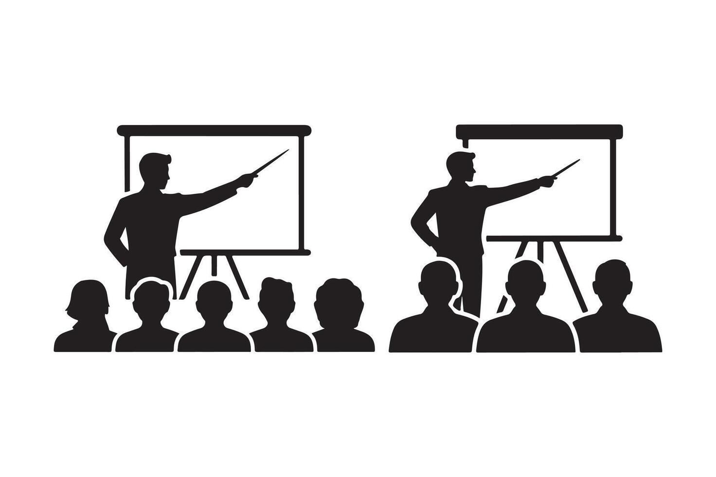 Black silhouette of speaker pointing at screen with audience vector