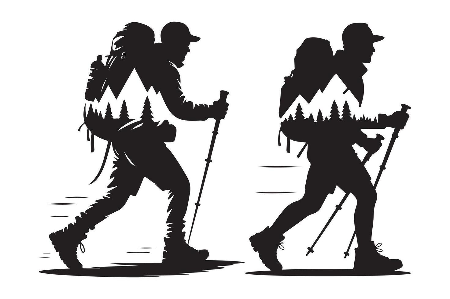 Hikers with mountain trees inside silhouettes mountains forest vector