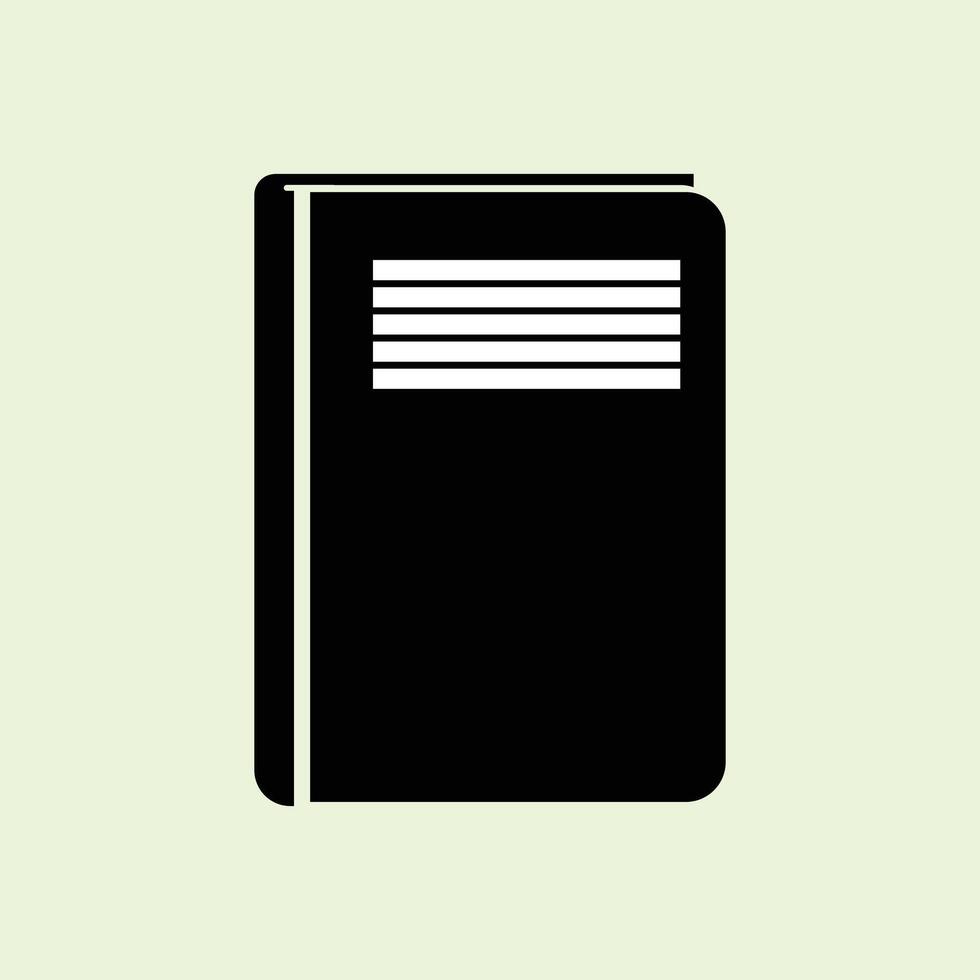 A notebook illustration with a black cover and horizontal white lines on the front. The simple, modern design is suitable for school, student, and study supplies. vector
