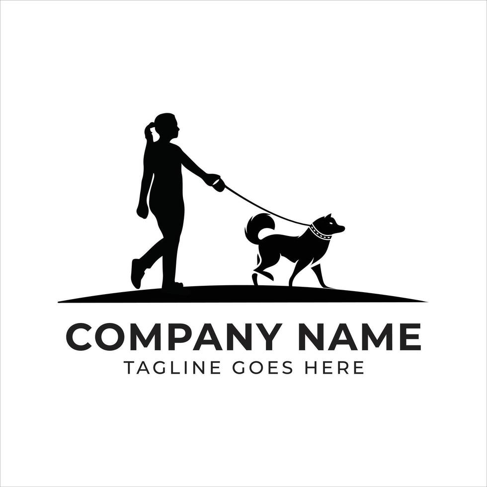 Elegant Silhouette Logo Design of Woman Walking a Dog with Company Name and Tagline vector