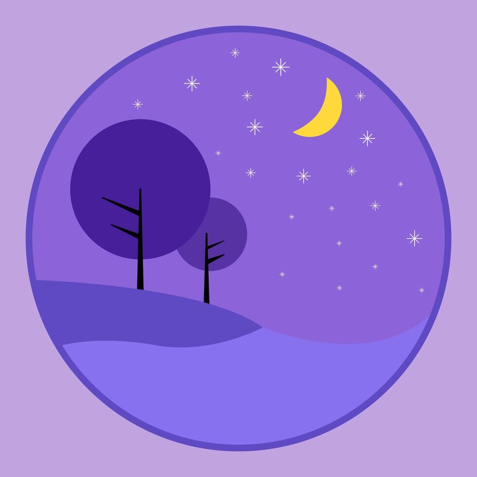 flat tree icon with star-filled sky and crescent moon vector