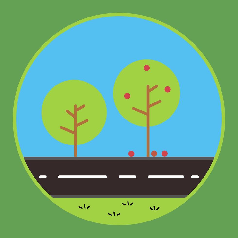 flat tree icon with fruiting tree and path and grass vector