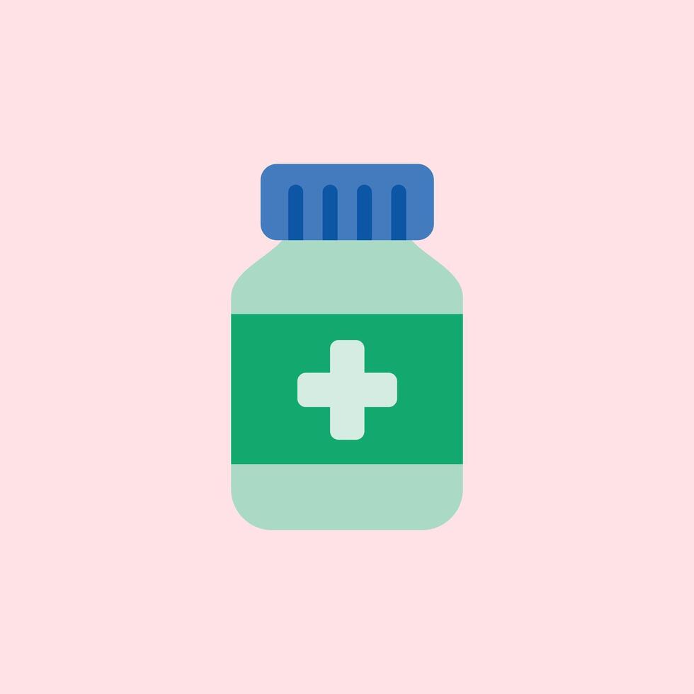 Illustration of a flat style medicine bottle with a blue cap, green label, and a white plus symbol in the center, on a soft pink background. vector