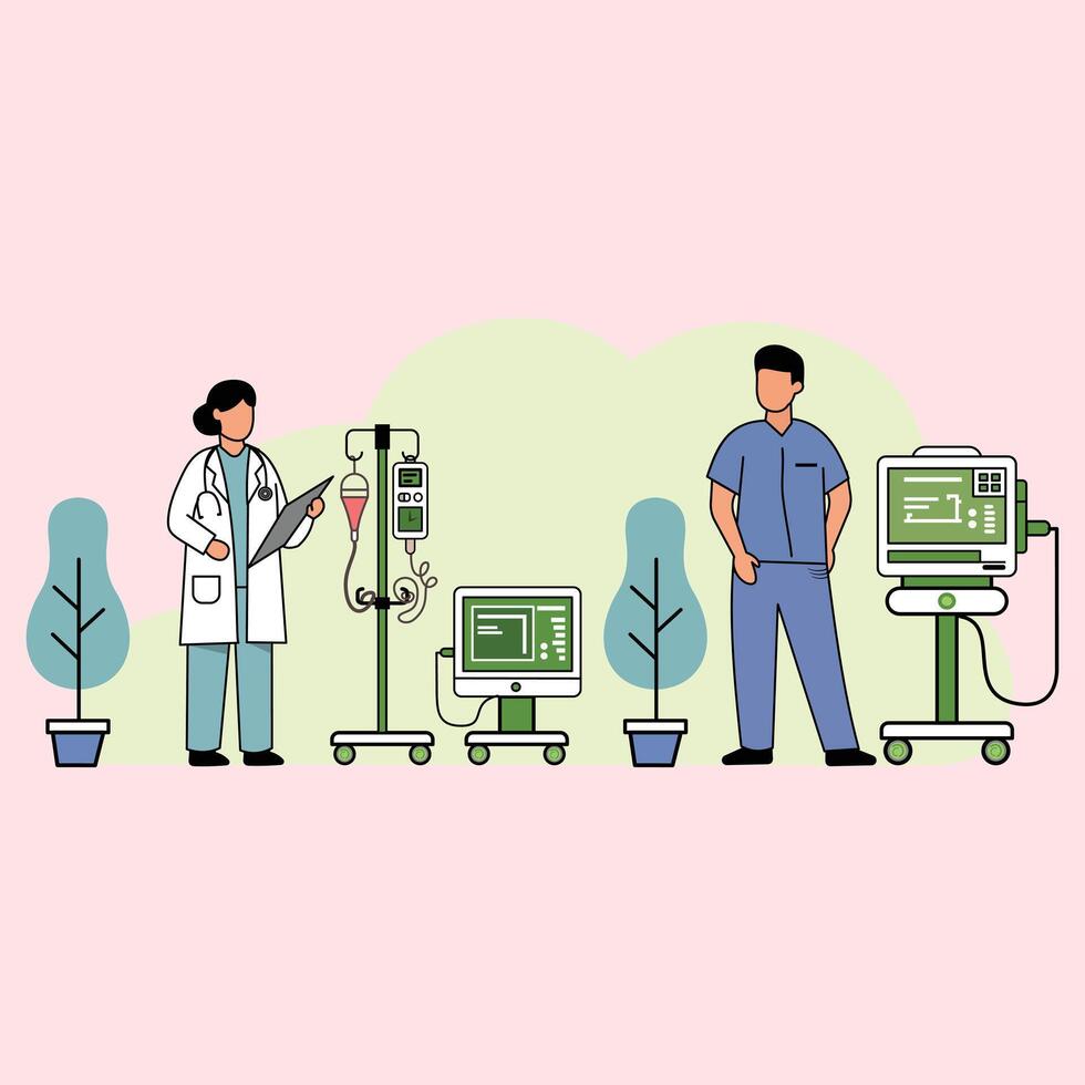 Illustration of doctors and nurses with modern medical equipment such as IV drips, monitors, and medical computers in an open space with a tree background, suitable for health and hospital themes. vector