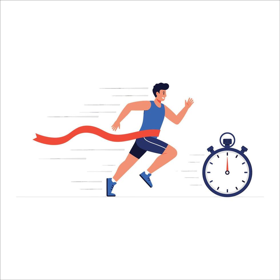 atleta triunfando a el terminar línea con un cronógrafo en el fondo, ilustración de un corredor cruce el terminar línea con cronógrafo vector
