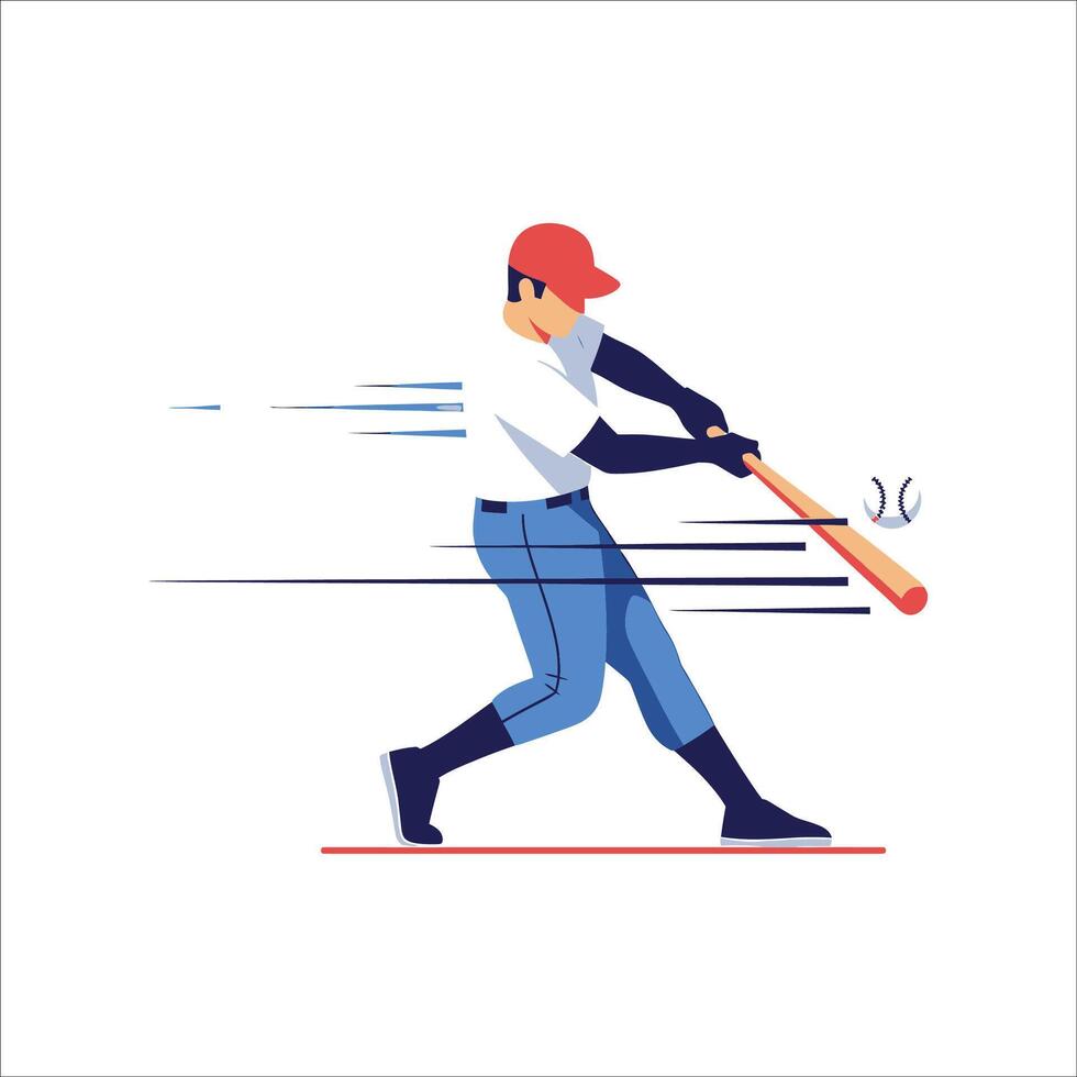 Baseball player swinging a bat, motion blur for speed and action, colorful baseball illustration on white background, Professional baseball batter swings and hits ball, flat design vector