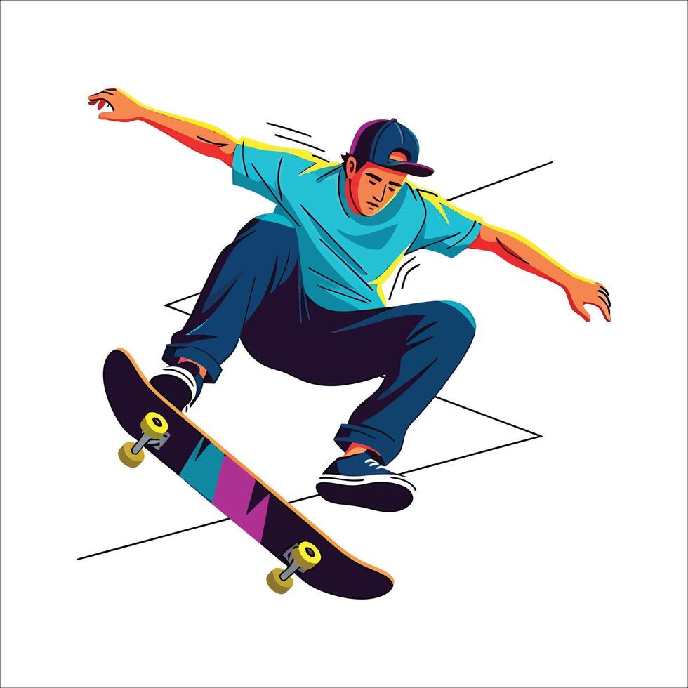 Skateboarder Mid-Air Illustration with Vivid Colors and Dynamic Style, Street Art Inspired Skateboarder Stunt Illustration with Eye-Catching Pop Art Aesthetics vector