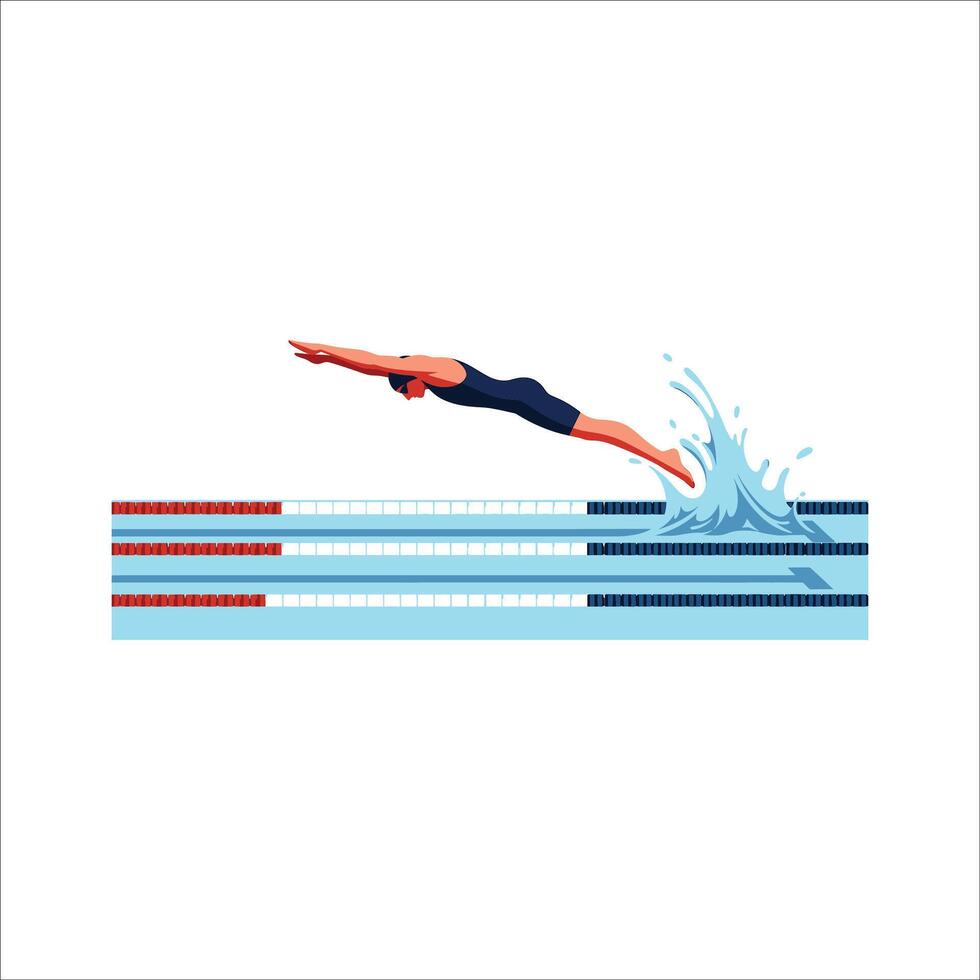 Swimmer dives into a pool, swimmer in a starting dive with splash of water, pool lanes and swimming vector