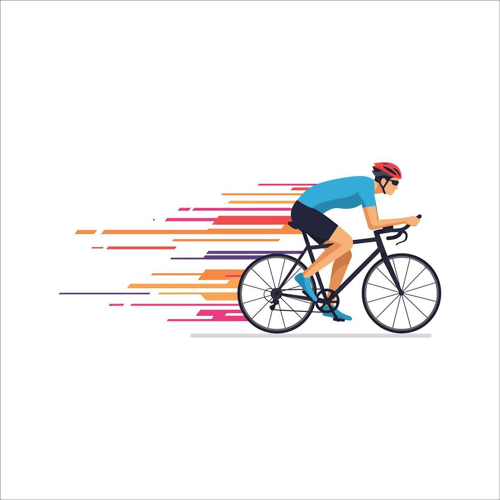 Illustration of a Cyclist Speeding By with Motion Lines, Cyclist illustration on a black bike surrounded by a gradient of orange, red, and purple speed lines vector