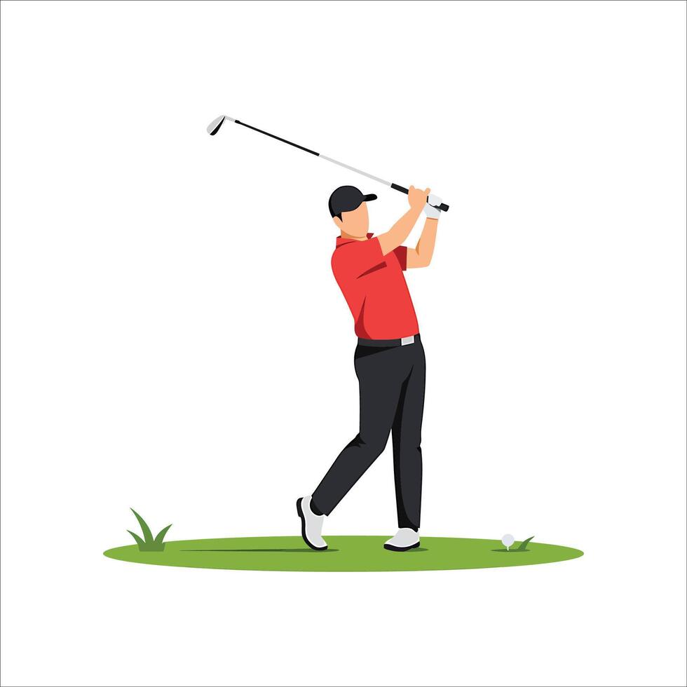 illustration of a golfer hitting a golf ball in action, Golfer in full swing with golf club striking a ball on a tee, art vector