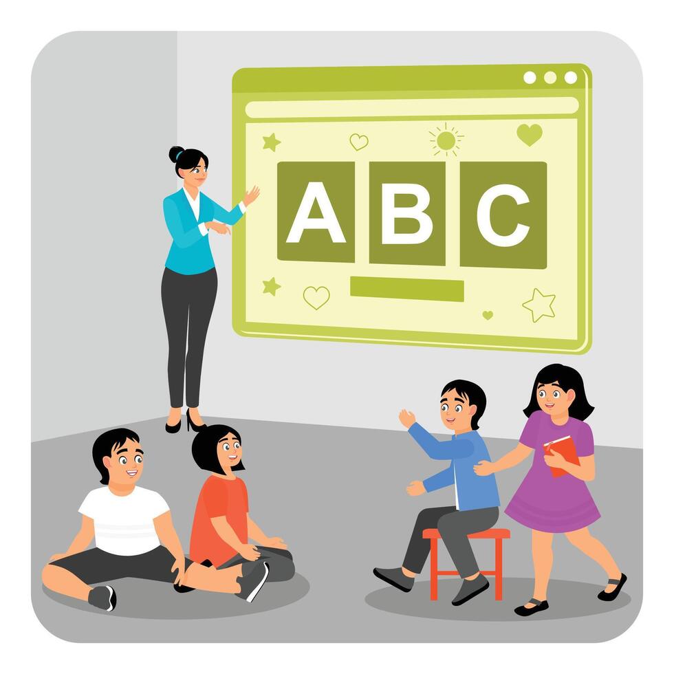 Smart Classroom Technology. Interactive Classroom With Teacher Educating Students During a Learning Session by Digital display. vector