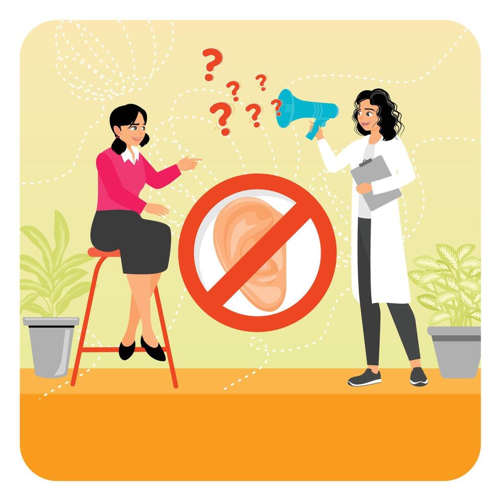 Deafness and Hearing Problem. Hearing Loss Consultation Featuring a Doctor and Patient. vector