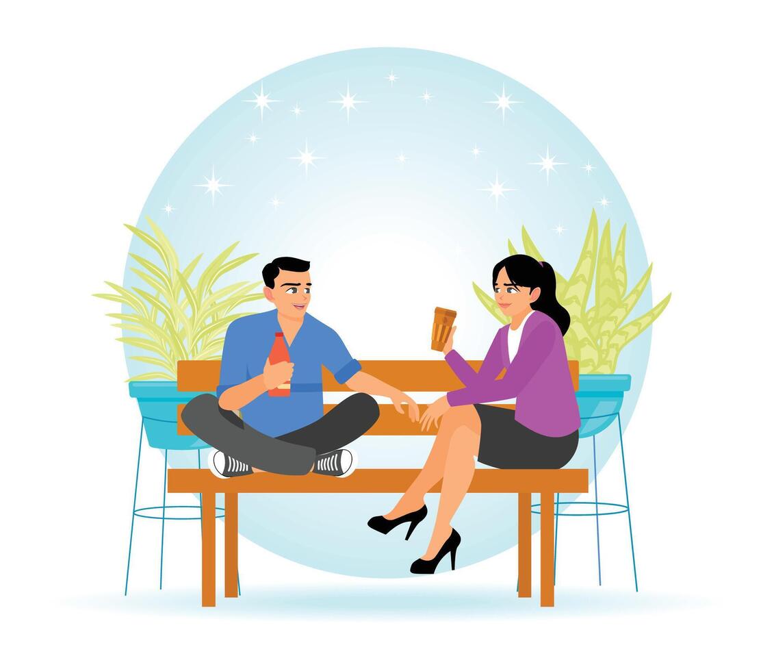 People Eating. Young Couple Sharing Drinks While Relaxing on a Bench. vector