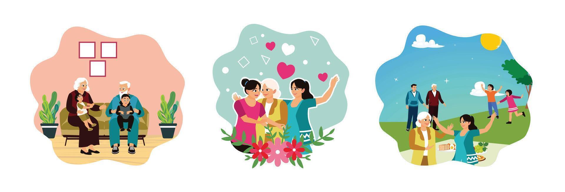 Grandparents spend time playing with their grandchildren at home and outdoors. vector