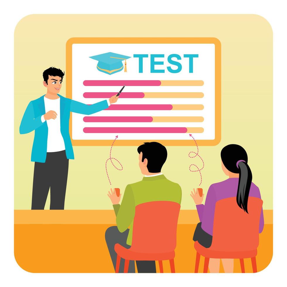 Digital display. Teacher with children in virtual smart classroom technology. vector
