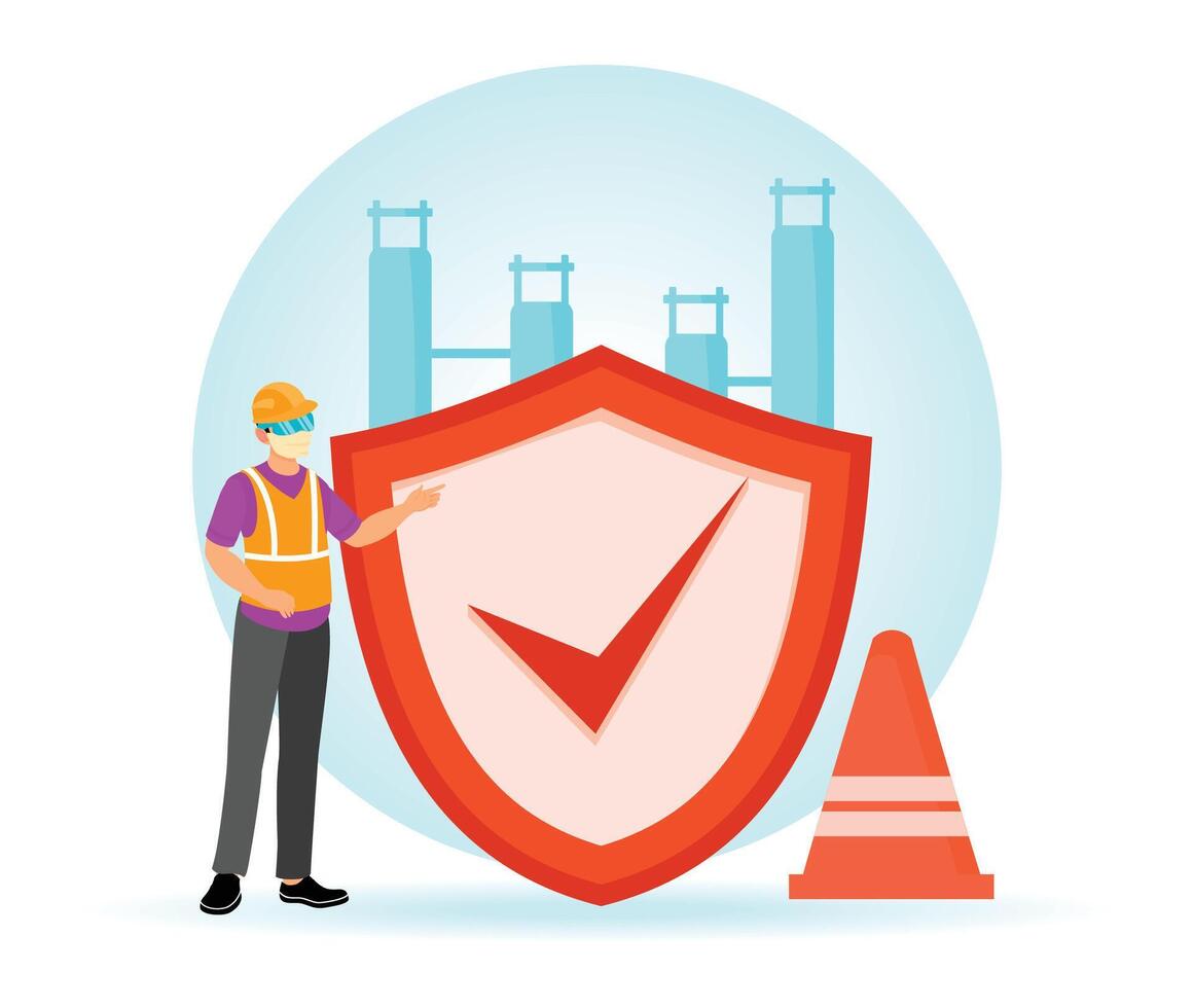 Workplace Safety. Industrial Worker Promoting Safety Standards With Protective Gear. vector
