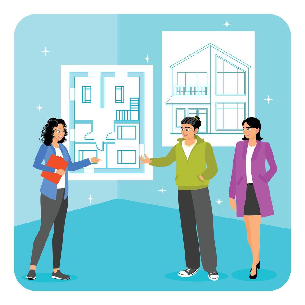 Architectural Education. An Architectural Engineer Explains the Layout of a House to Students. vector