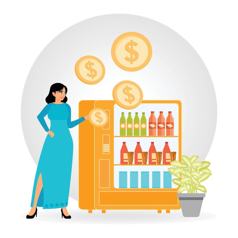 Vending Machine. Woman Using a Vending Machine with Floating Money Symbols. vector
