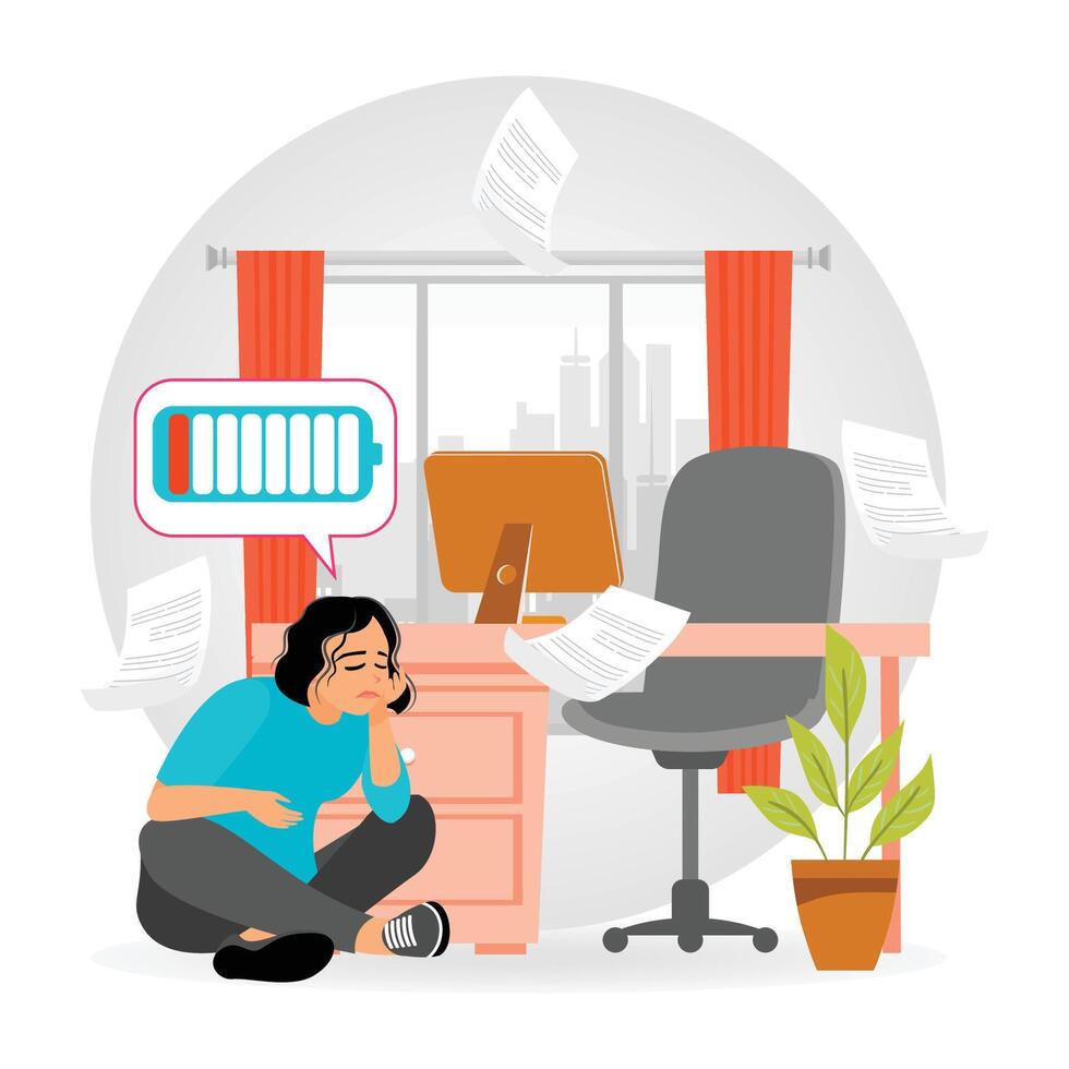 Emotional Burnout. Stressed Woman Depicts Low Energy in Workplace Setting with Battery Icon. vector