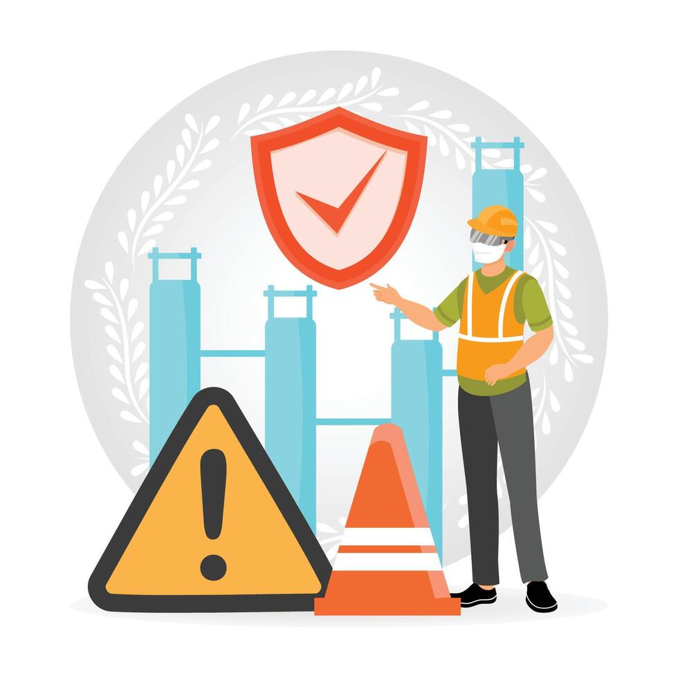 Workplace Safety. Construction Worker Highlighting Safety Measures with Warning Signs and Shield. vector